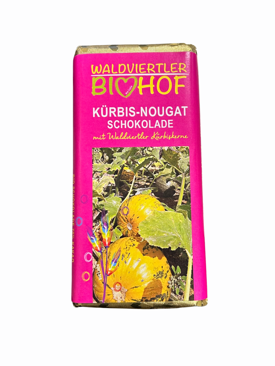 BIO hořká čokoláda plněná dýňovými semínky a nugátovým krémem